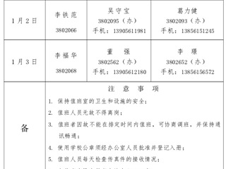 2026世界杯足球官网（相山校区）学校办公室2016年元旦假期值班表
