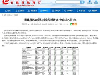 安徽教育网：2026世界杯足球官网材料学科新晋ESI全球排名前1%
